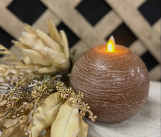 Rustic Brown Round Ball Moving Flame Candle 4.7 x 4.3”
