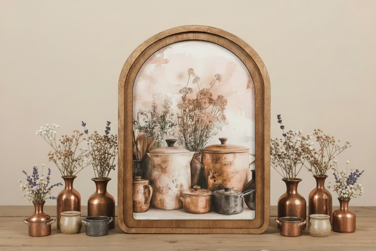 Copper Pots Arch Framed Art 8.25x11”