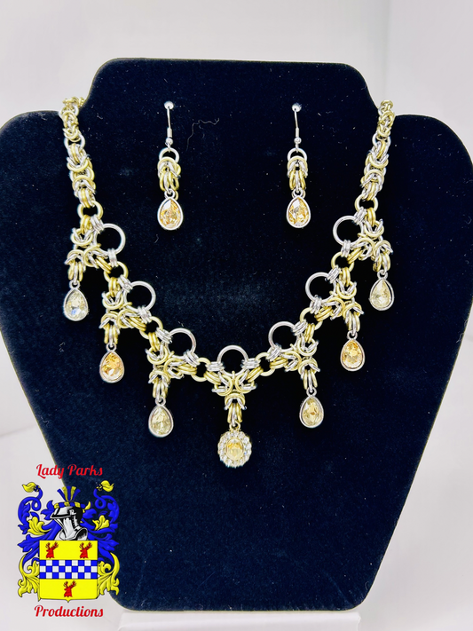 Fancy Byzantine w/Gems Necklace & Earrings Set (Gold)
