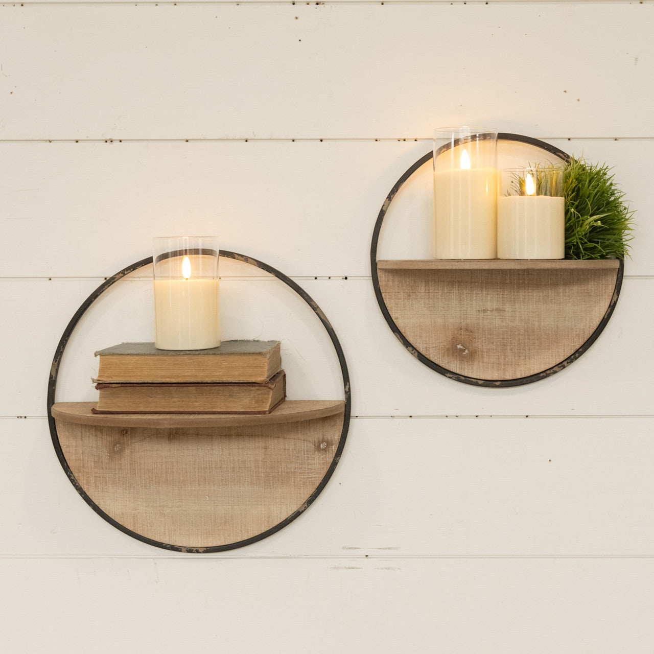 Metal & Wood Round Shelves (Set of 2)