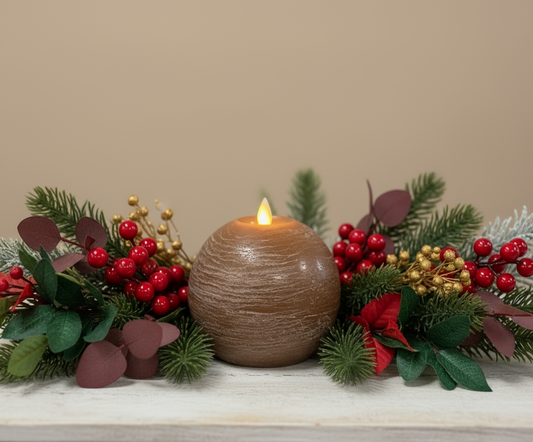 Rustic Brown Round Ball Moving Flame Candle 4.7 x 4.3”