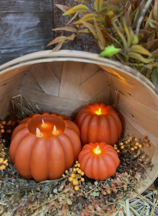 Orange Pumpkin Carved Moving Flame Candle 4.5x2.75”