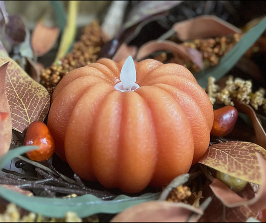Orange Pumpkin Carved Moving Flame Candle 4.5x2.75”