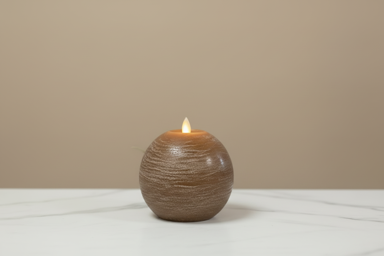 Rustic Brown Round Ball Moving Flame Candle 4.7 x 4.3”