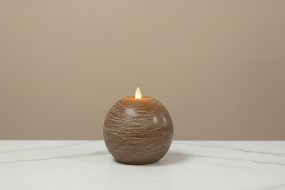 Rustic Brown Round Ball Moving Flame Candle 4.7 x 4.3”