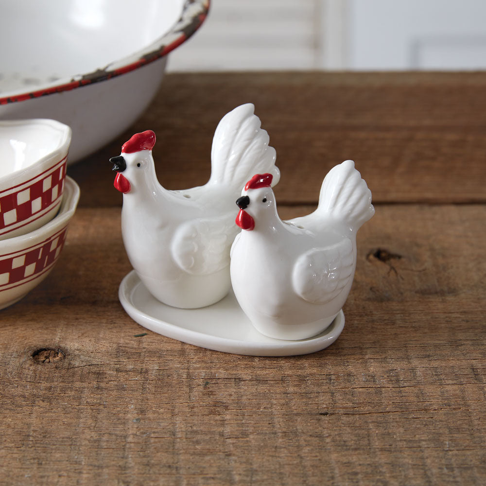 Hen & Rooster Salt and Pepper Shakers with Egg Plate