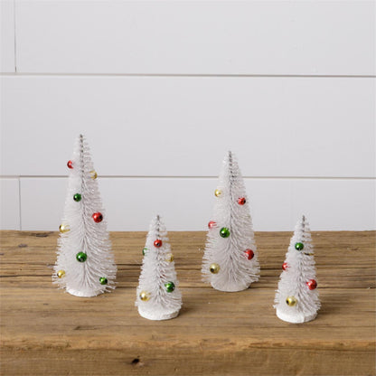 White Glitter Bottle brush Trees with Ornaments