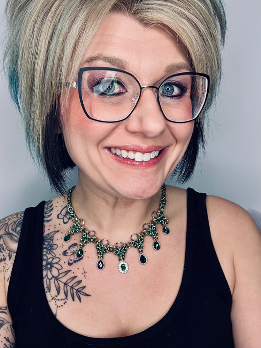 Fancy Byzantine w/ Gems Necklace & Earrings Set (Green)