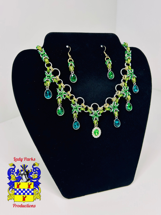 Fancy Byzantine w/ Gems Necklace & Earrings Set (Green)