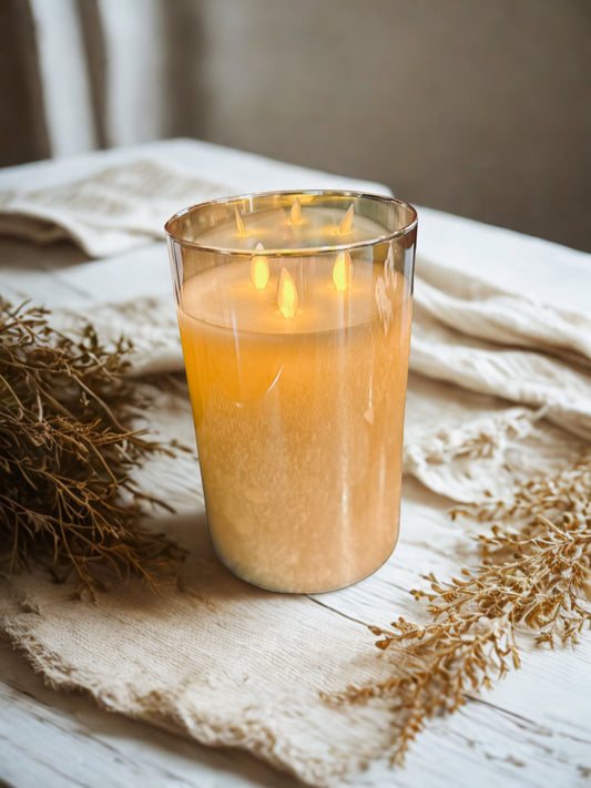 Amber Glass Candle | 3 Wick LED Moving Flame 5x8